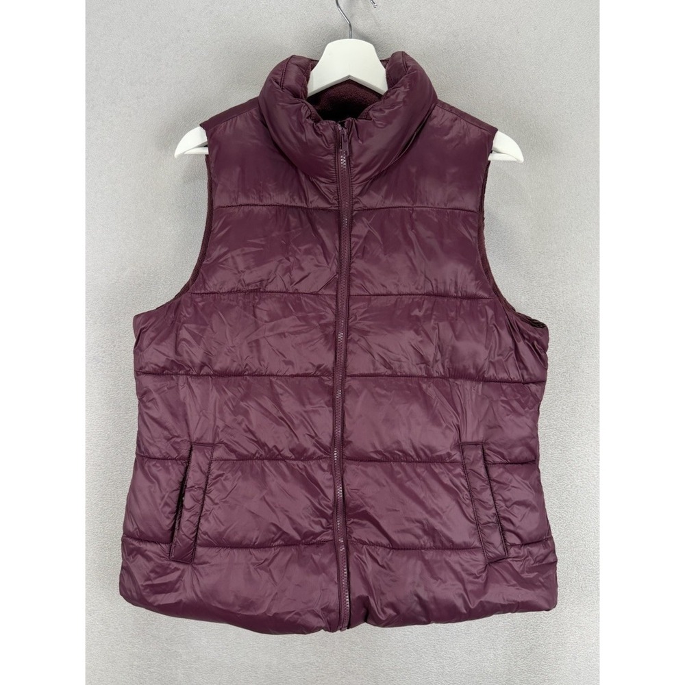 Old Navy Women's Sz L Maroon Puffer Vest Fleece Lined For Warmth Full Zip Jacket